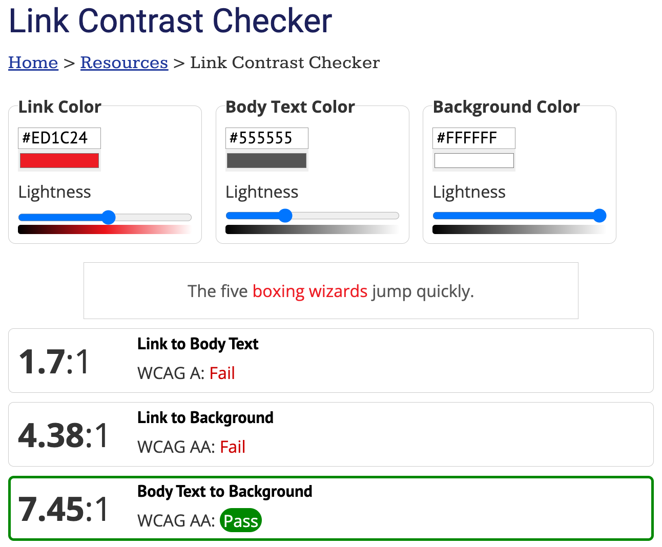 Screenshot from WebAIM's link contrast checker